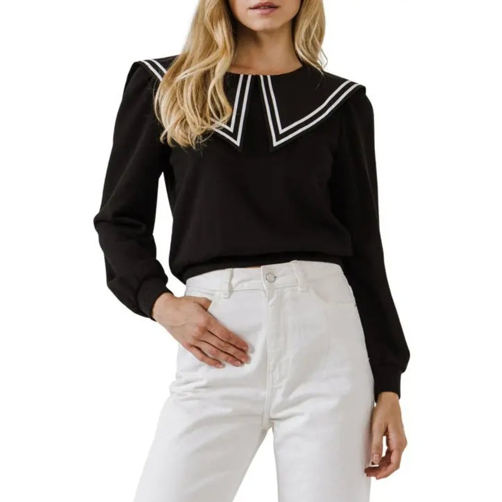 English Factory Sailor Collar Cotton Sweatshirt Black White Stripe Medium
